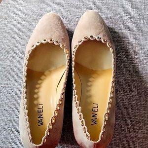 Vaneli Suede Taupe with Gold accent Wedges Size 7